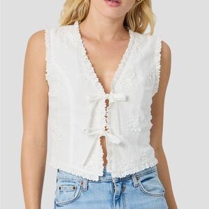 All in Favor Elegant White Lace Trim Tie Front Top